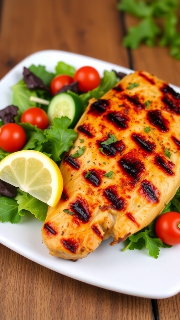 Grilled chicken breast garnished with herbs, served with a fresh salad on a rustic table.